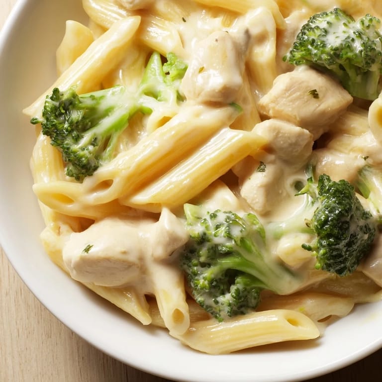 Family-style Chicken Broccoli Cheddar Pasta tossed with rotini noodles, melted cheddar, and sautéed broccoli, ready for a comforting weeknight dinner.