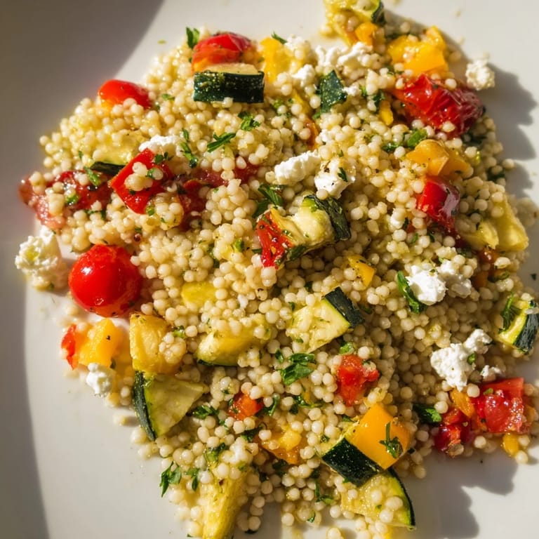 A vibrant Roasted Veggie Couscous Salad topped with fresh herbs, feta, and toasted pine nuts on a plate.