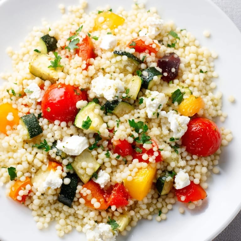 Colorful Roasted Veggie Couscous Salad served warm as a light main dish, perfect for a sunny Mediterranean-inspired lunch.
