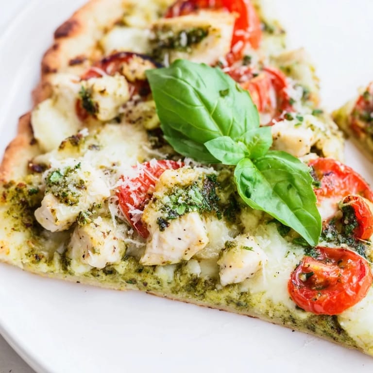 Golden-brown Chicken Pesto Pizza topped with vibrant basil pesto, shredded mozzarella, and fresh tomato slices on a baking sheet.