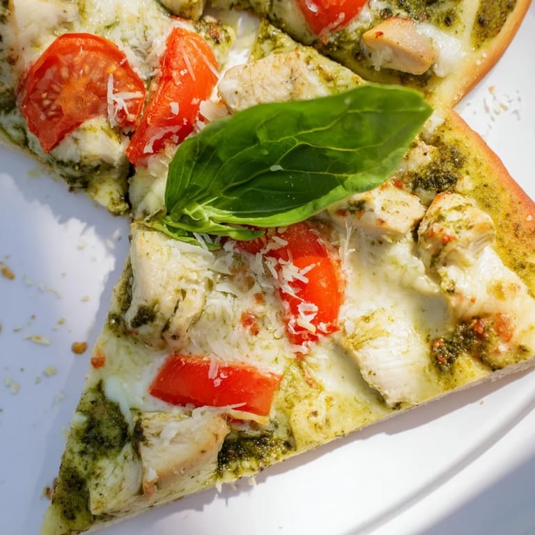 A close look at a slice of Chicken Pesto Pizza revealing layers of creamy cheese, savory chicken, and bright pesto sauce.