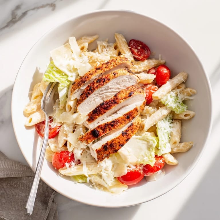 Golden, grilled chicken slices top a pasta salad with Caesar dressing and Parmesan.