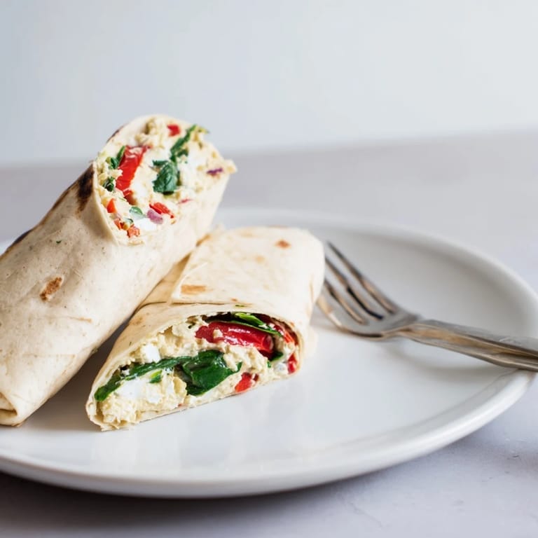 Perfectly rolled Mediterranean Veggie Wrap filled with colorful vegetables and hummus, cut diagonally to show the delicious, fresh ingredients inside.