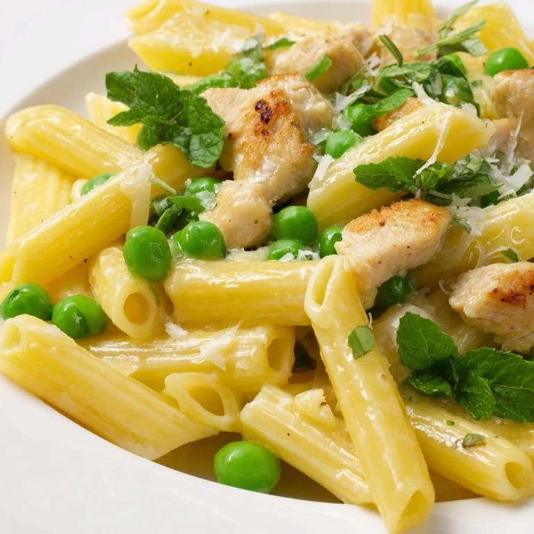 A close-up of Pea & Mint Chicken Pasta showing fresh mint leaves and grated Parmesan on top.