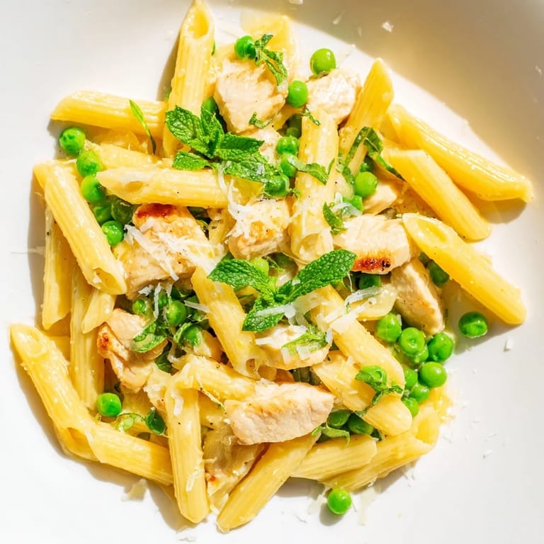 Serving suggestion for Pea & Mint Chicken Pasta, plated with a lemon wedge and extra herbs.