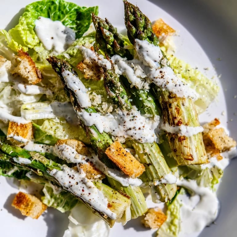 Bright Roasted Asparagus Caesar Salad in a white bowl, topped with crunchy croutons and fresh cracked pepper.