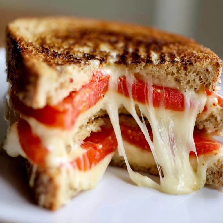 Close-up of Pepper Jack & Tomato Grilled Cheese oozing melted cheese with vibrant tomato slices on grill-marked bread.