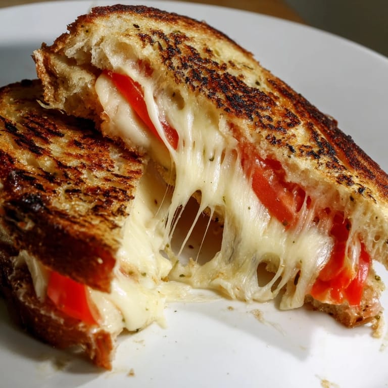 Two halves of Pepper Jack & Tomato Grilled Cheese stacked on a plate, ready to eat for an easy American lunch.
