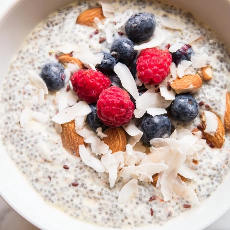 Top view of creamy Poppy Seed Chia Pudding topped with shredded coconut and fresh berries in a white ceramic bowl.