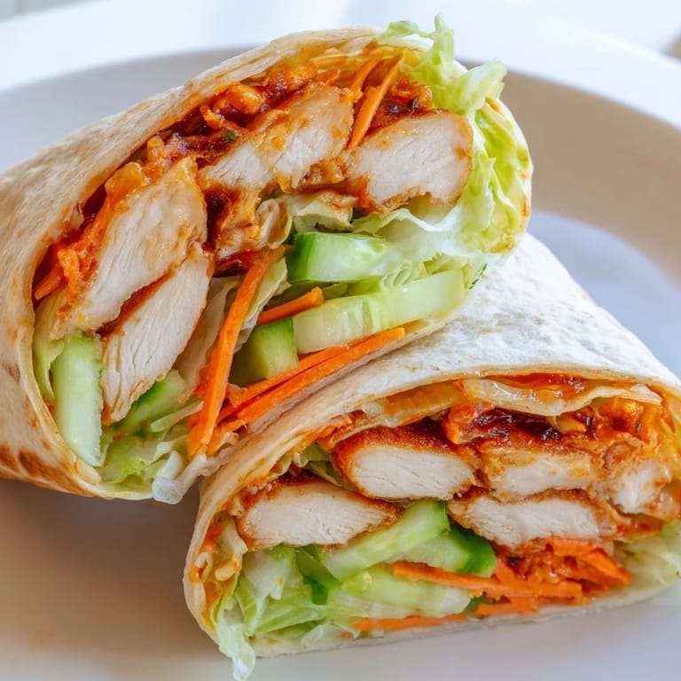 Layered Honey Chili Crunch Chicken Wrap served fresh with tender chicken, shredded carrots, and a creamy finish.