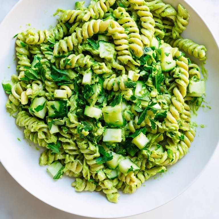 The Green Goddess Pasta Salad is plated with a lemon wedge, ready for a picnic.
