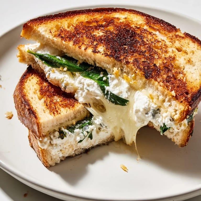 Fresh ingredients like spinach and cucumber add crunch to this whipped feta spring grilled cheese, served warm on a light-filled spring table.