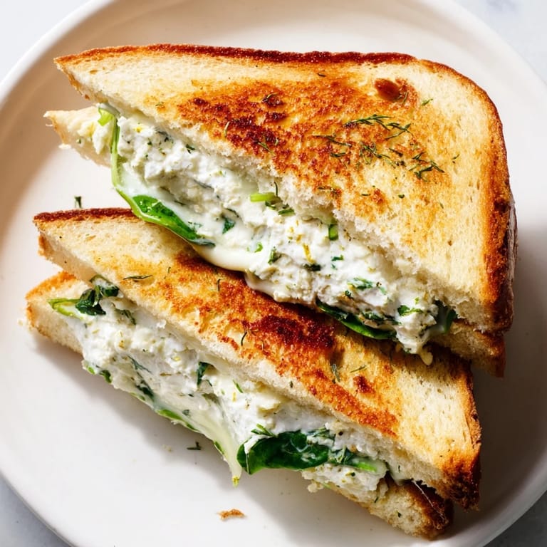 A close-up of the grilled cheese shows melted feta mixture oozing between slices, highlighting the fresh herbs and bright lemon notes.