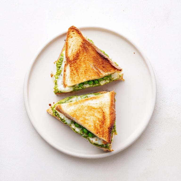 A close-up of the golden, grilled Spring Pea Pesto Grilled Cheese reveals fresh pea pesto and melted cheese.  