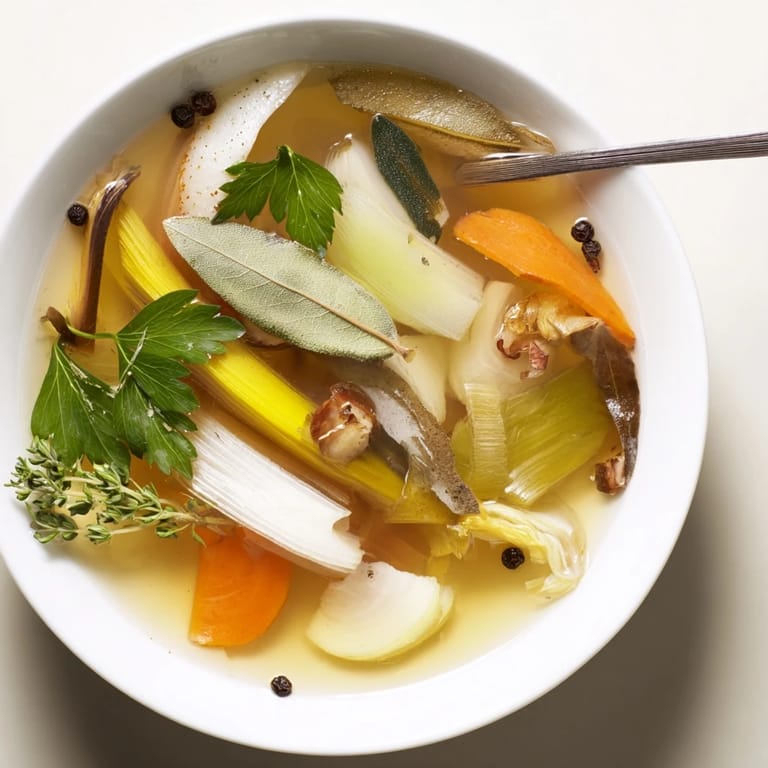 Homemade Vegetable Broth From Scraps in a glass jar, golden-hued and ready to savor, perfect for noodle soups or risotto.  