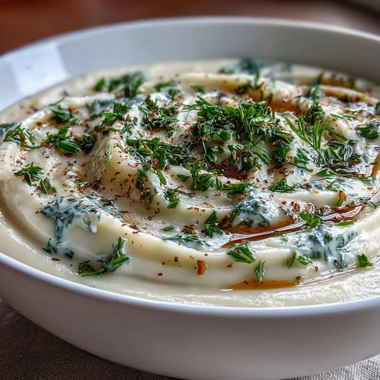 Wholesome parsnip and herb soup, a comforting bowl topped with freshness.