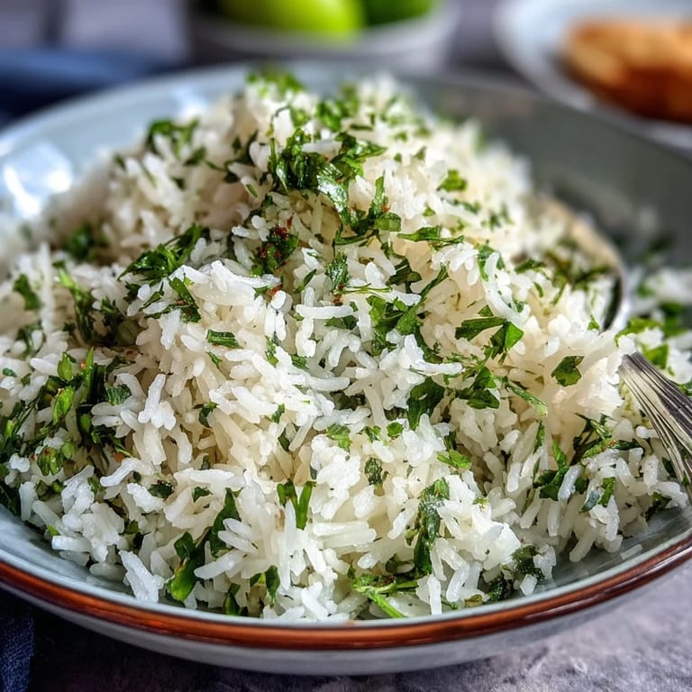 Savory cilantro lime rice, kernels shining, a refreshing, easy vegan dish.
