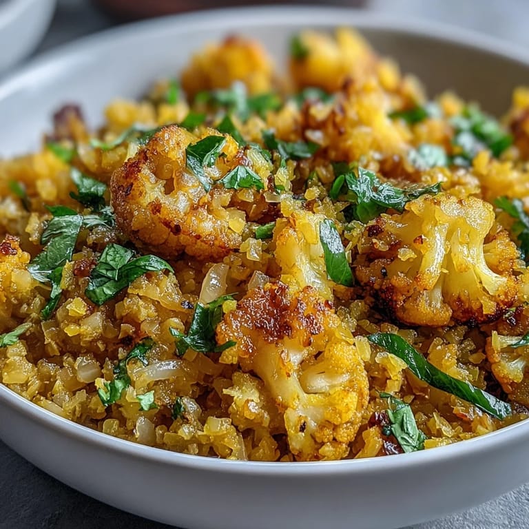 A close-up of fluffy Turmeric Cauliflower Rice highlights delicate grains with turmeric’s golden hue, scattered fresh parsley, and a bright lemon wedge for serving.