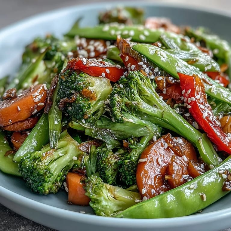 Vibrant stir-fried vegetables topped with green onions and sesame seeds, perfect over a bed of fluffy jasmine rice.