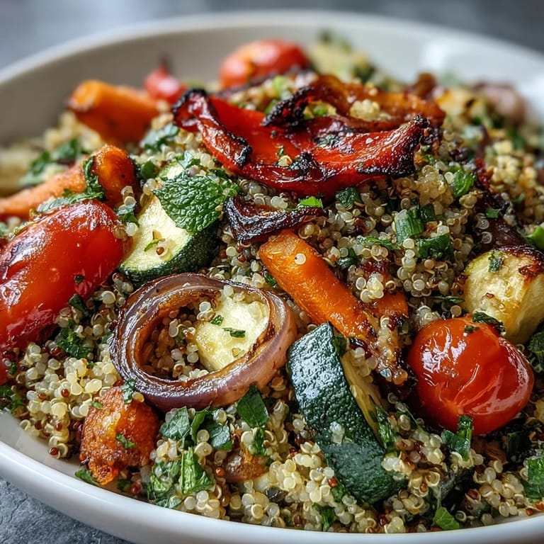 Hearty quinoa vegetable pilaf piled high with colorful garden vegetables, a delicious meal.
