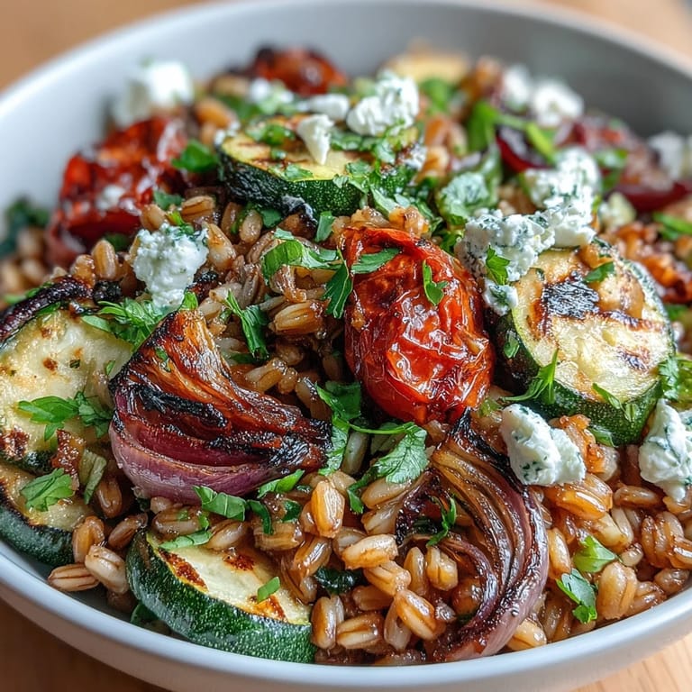 Hearty farro and sweet roasted vegetables, seasoned with herbs, perfect for dinner.