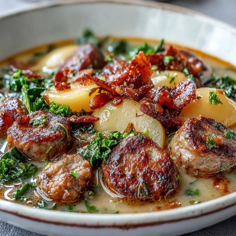 Steaming Italian Sausage Soup topped with crispy bacon and served with warm crusty bread.