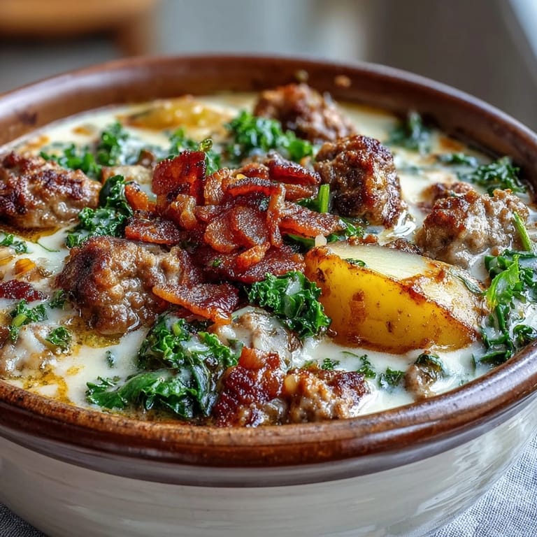 Hearty Italian Sausage Soup with kale and russet potatoes in a rich, creamy broth.