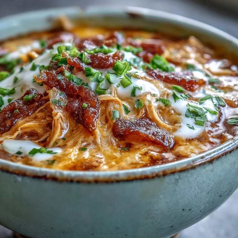 A comforting ladle of Crock Pot Buffalo Chicken Dip Soup with a swirl of spicy buffalo sauce.