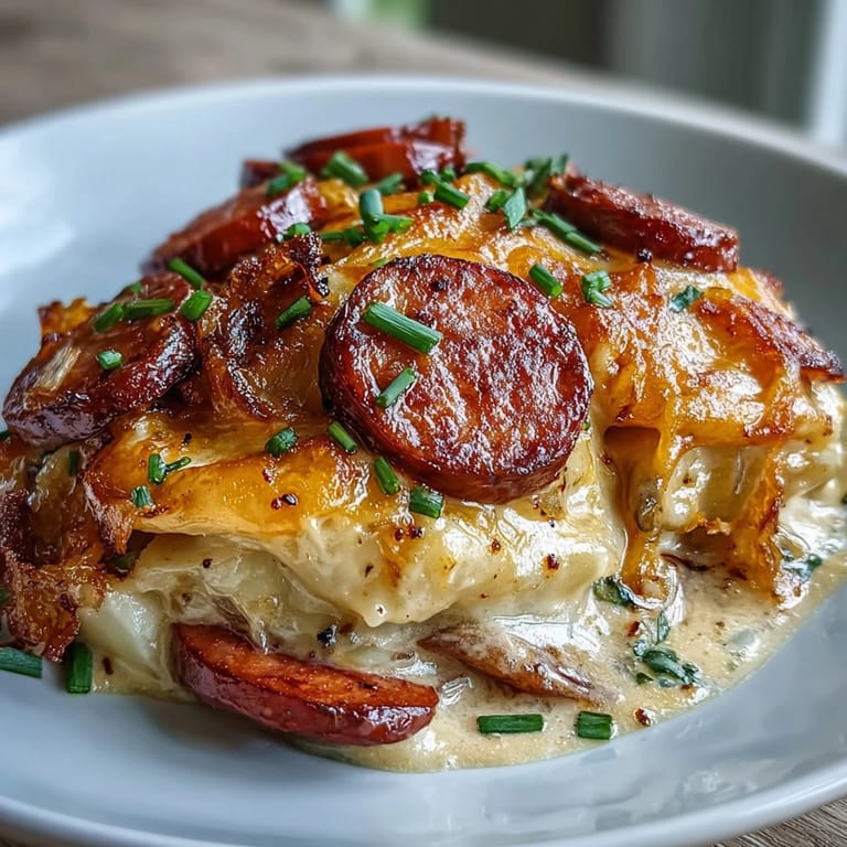 Golden brown kielbasa slices and tender pierogi layered in a creamy Crockpot Pierogi Casserole With Kielbasa.