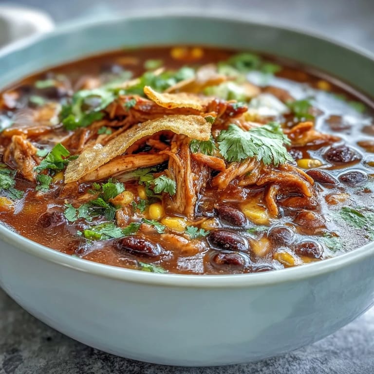 A close-up of Instant Pot Chicken Tortilla Soup topped with shredded cheese, sour cream, and lime wedges.
