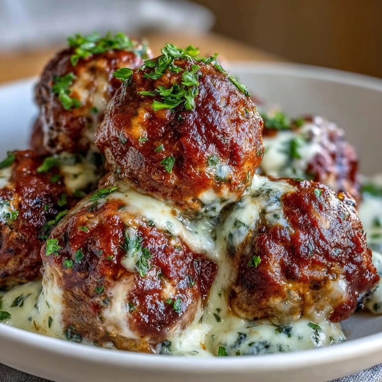 Platter of Cheesy, Garlicky Meatballs With Marinara served over twirled pasta with extra sauce and grated parmesan.
