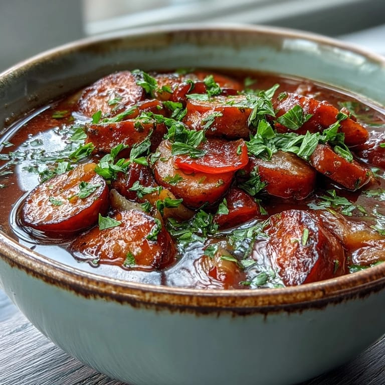 Slow cooker filled with savory Crock Pot BBQ Cocktail Sausage Soup, garnished with parsley.