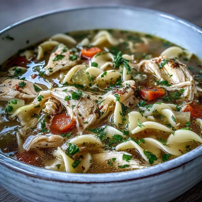 Shredded chicken and egg noodles in a savory broth, served as a cozy meal.