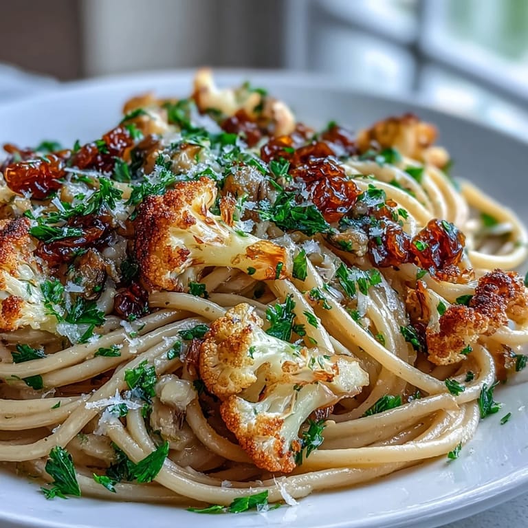 A close-up view of the colorful Cauliflower, Anchovy and Raisin Spaghetti, highlighting plump raisins and melting anchovies alongside whole wheat pasta strands.