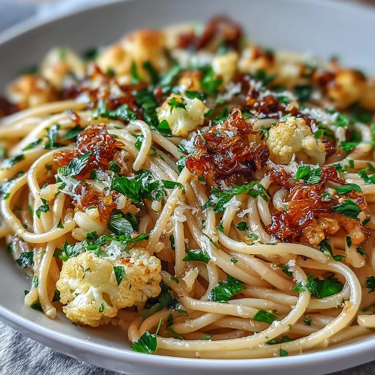 Steam rises from a serving of Cauliflower, Anchovy and Raisin Spaghetti, featuring tender roasted florets and a bright lemon zest garnish for a low-calorie meal.