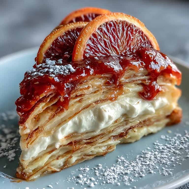 Fresh orange zest garnishes the top of a tall Blood Orange Curd Crêpe Cake.