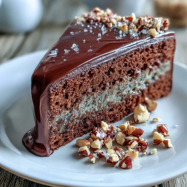 Rich Chocolate Celebration Cake garnished with crunchy praline, ready to serve at a party.