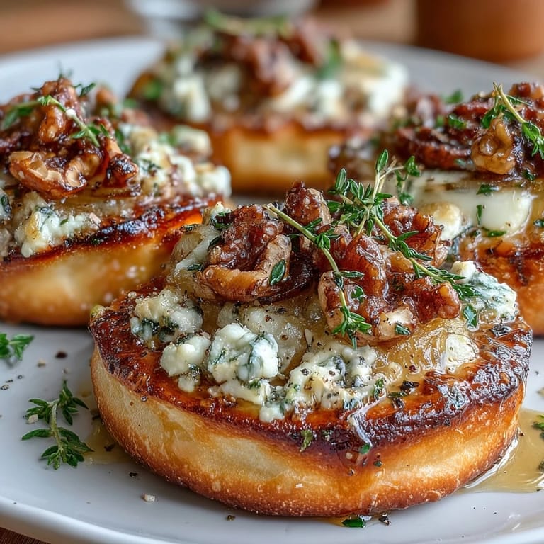 Drizzled with honey and arugula, these savory Pears, Gorgonzola, and Pickled Walnut Pizzettes are ready to serve.