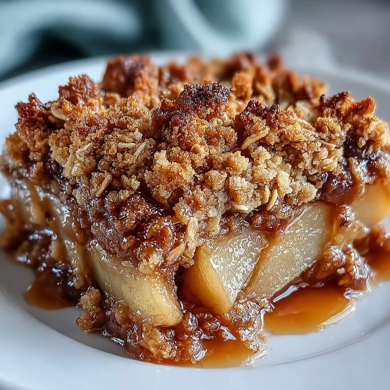 A scoop of vanilla ice cream slowly melting over warm, tender pears in the crumble.