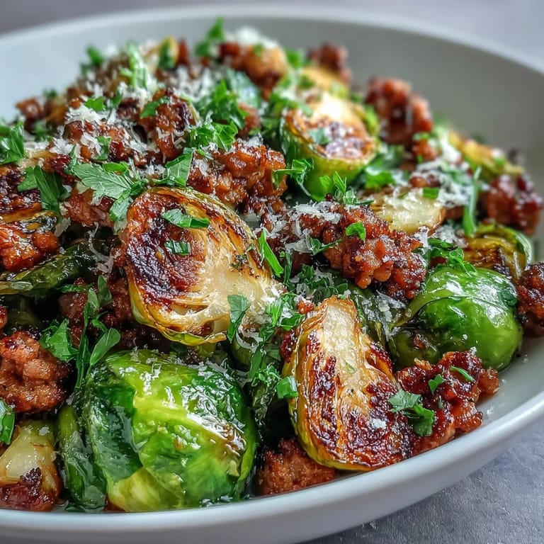 A close-up of Brussels Sprouts & Ground Turkey Skillet topped with Parmesan, ready to serve over fluffy rice.