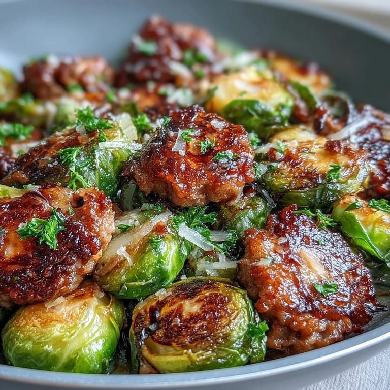 One-pan dinner with crispy-edged sprouts and seasoned turkey, finished with a bright squeeze of lemon juice.