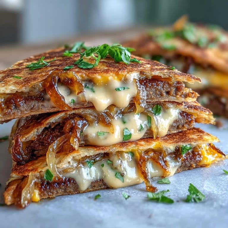 A close-up view of Cheesy Griddled Smashburger Quesadillas stacked high, showcasing caramelized onions and a rich sauce.