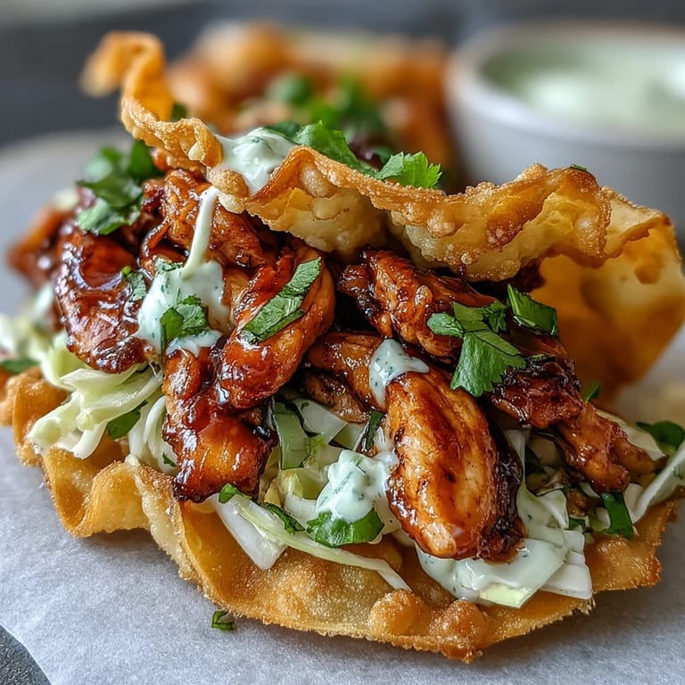 Crispy Chicken Wonton Tacos drizzled with creamy sriracha mayo and served with lime wedges on a rustic platter.