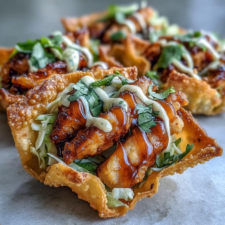 A close-up of Crispy Chicken Wonton Tacos revealing golden wonton shells and layers of smoky ginger chicken and slaw.