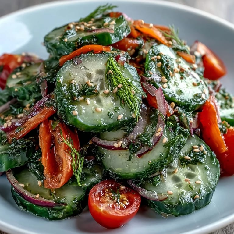 A bowl of Refreshing Crunchy Cucumber Salad featuring thinly sliced cucumbers, bright cherry tomatoes, and julienned carrot tossed in a light, sweet-tangy vinaigrette, served chilled for a perfectly crisp bite.