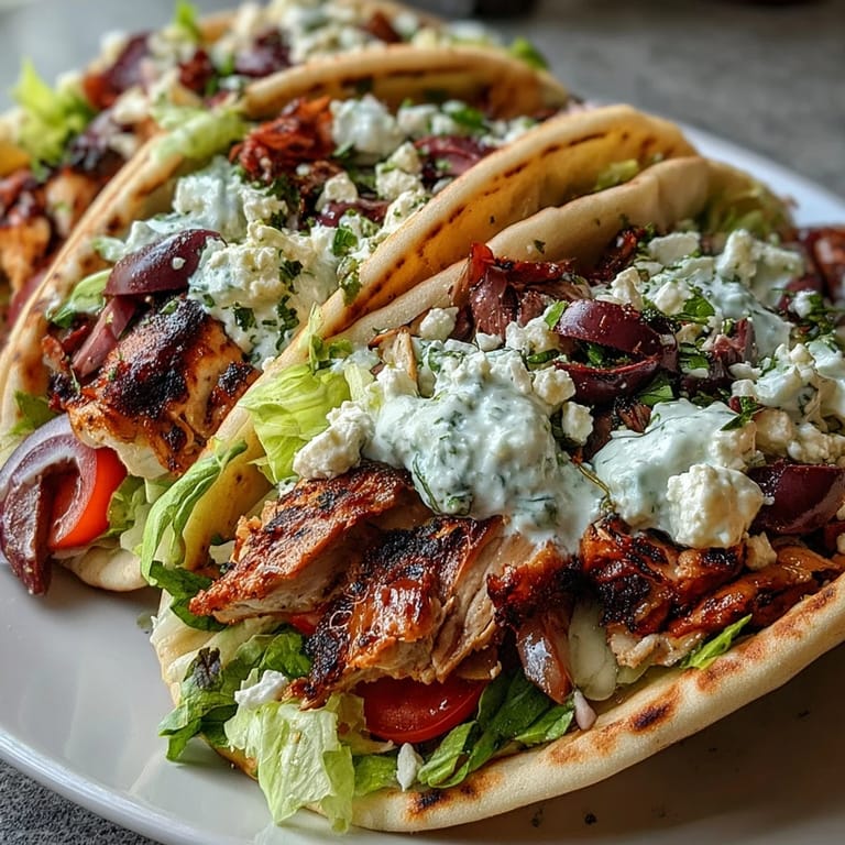 Homemade Mediterranean Chicken Gyros plated with tangy feta tzatziki, fresh parsley, and lemon wedges for a bright dinner.