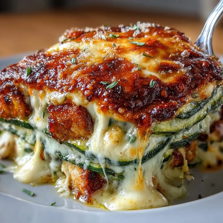 Spatula serving a hearty slice of High Protein Chicken Zucchini Bake onto a white plate, revealing the layered interior of juicy chicken, zucchini, and creamy, cheesy binder—perfect for high-protein meal prep.