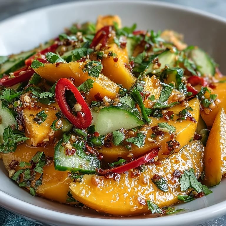 Chopped cucumbers, red onion and chilies mingled with juicy mango in a serving bowl of Refreshing Mango Salad with Lime.