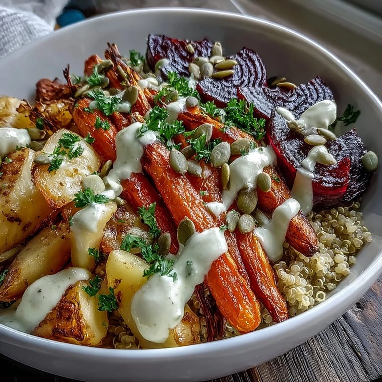Overhead view of Roasted Root Vegetable Bowl with colorful roasted vegetables, tahini sauce, and toasted pumpkin seeds for a wholesome meal.