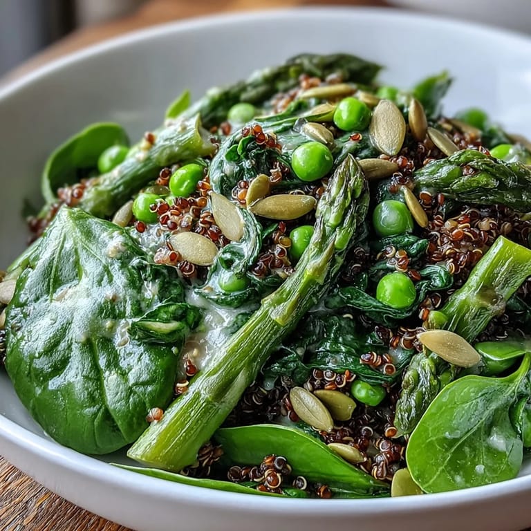 Close-up of a freshly prepared Spring Green Bowl featuring crisp green beans, wilted spinach, and a glistening lemon dressing.